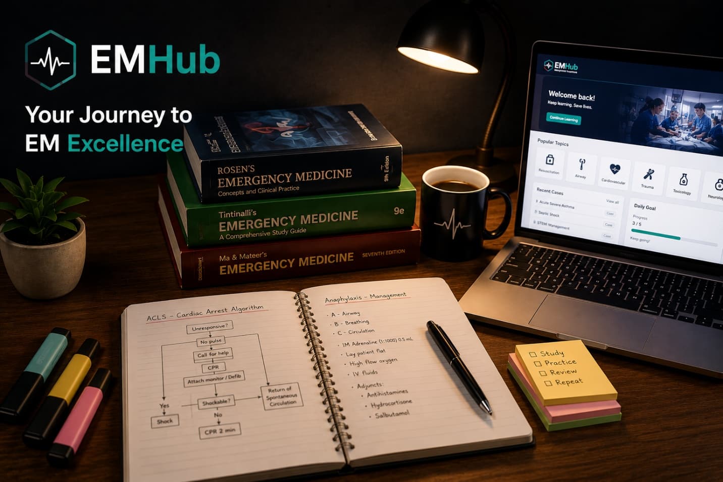 EM Hub — Your Journey to EM Excellence: the EM Hub dashboard on a laptop beside emergency medicine textbooks and handwritten study notes